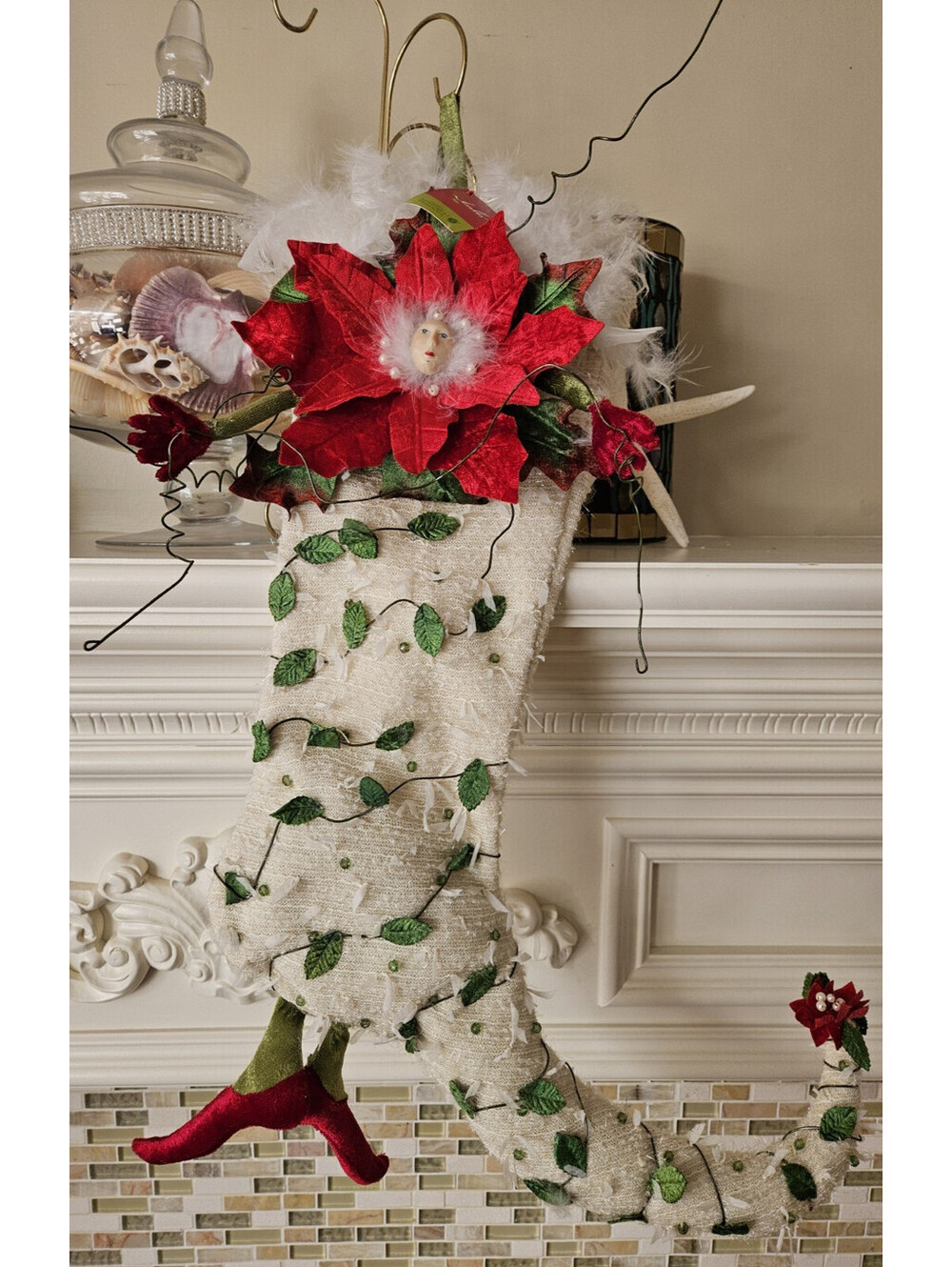 Large Patience Brewster Krinkles Poinsettia Holiday Stocking Feathers small flaw